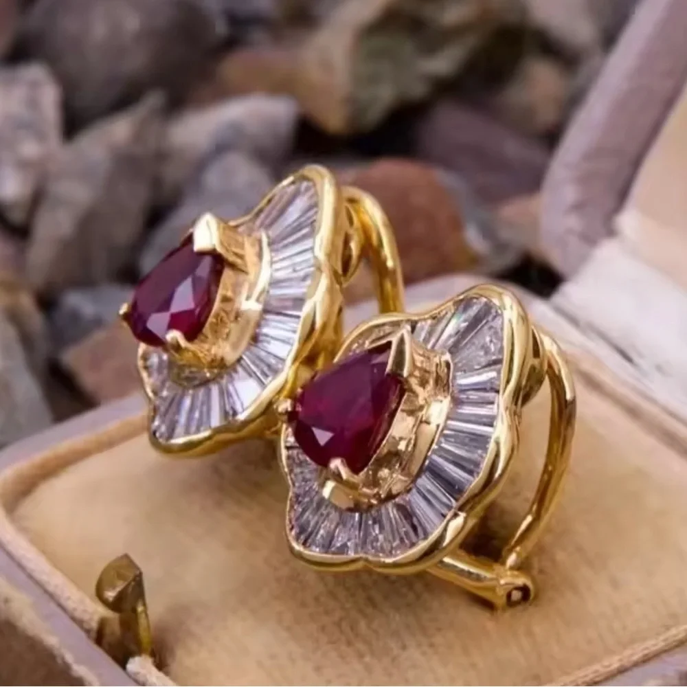 14k Pear Cut Ruby Earrings - Picture 5 of 15